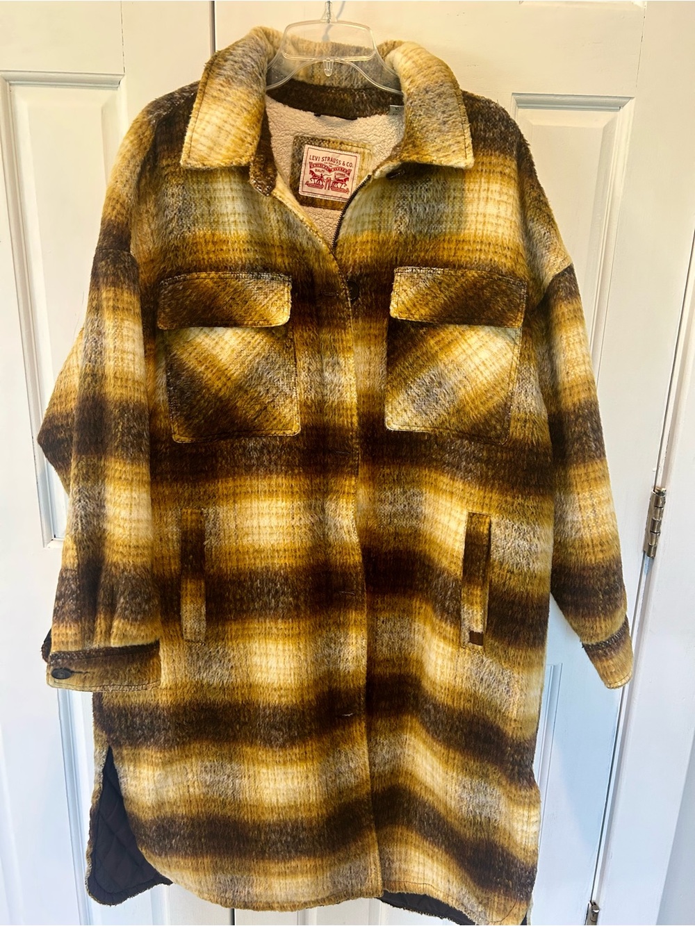 Levi's Yellow Brown Plaid Teddy Shacket Jacket